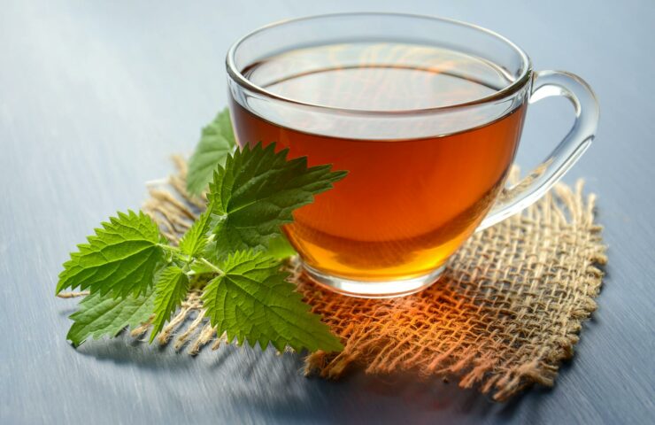 A close-up of herbal tea in a glass cup with fresh mint leaves on a table.