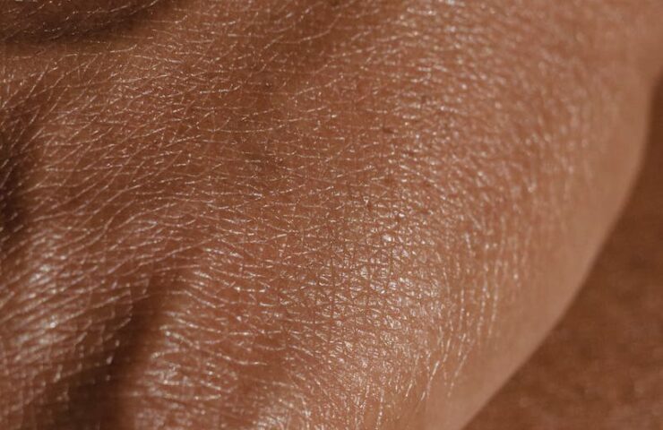 Closeup full frame hand of crop anonymous person with veins and smooth skin placed on leg in light room at home